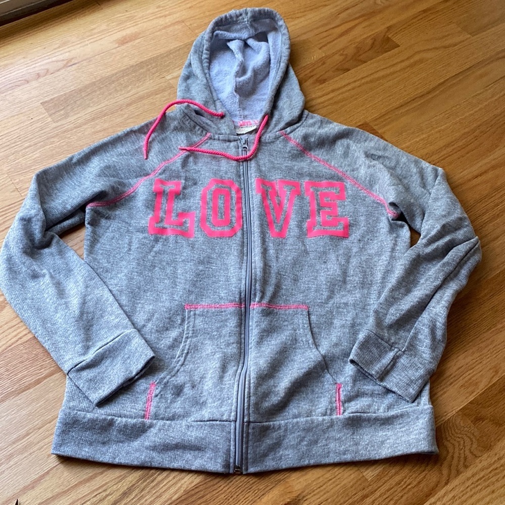 Large gray hooded sweatshirt with hot pink highlighter LOVE pockets full zip